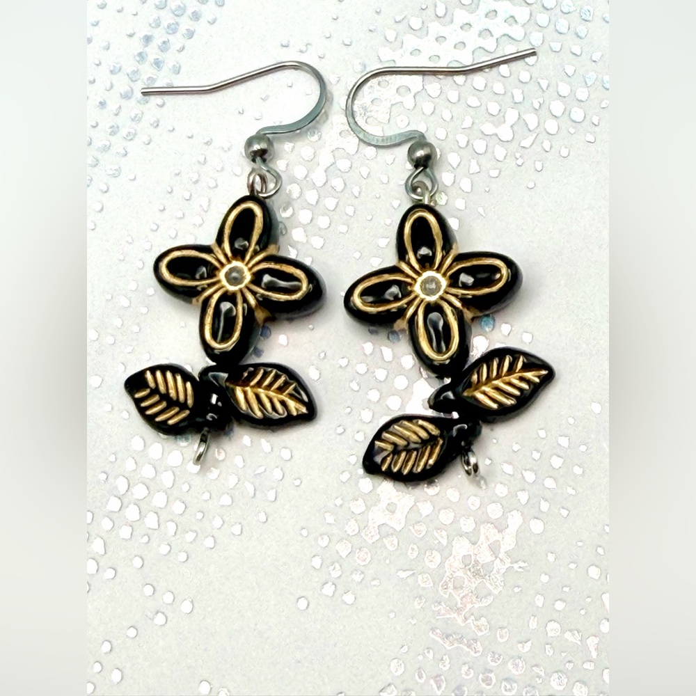 Elegant Black and Gold Floral Earrings